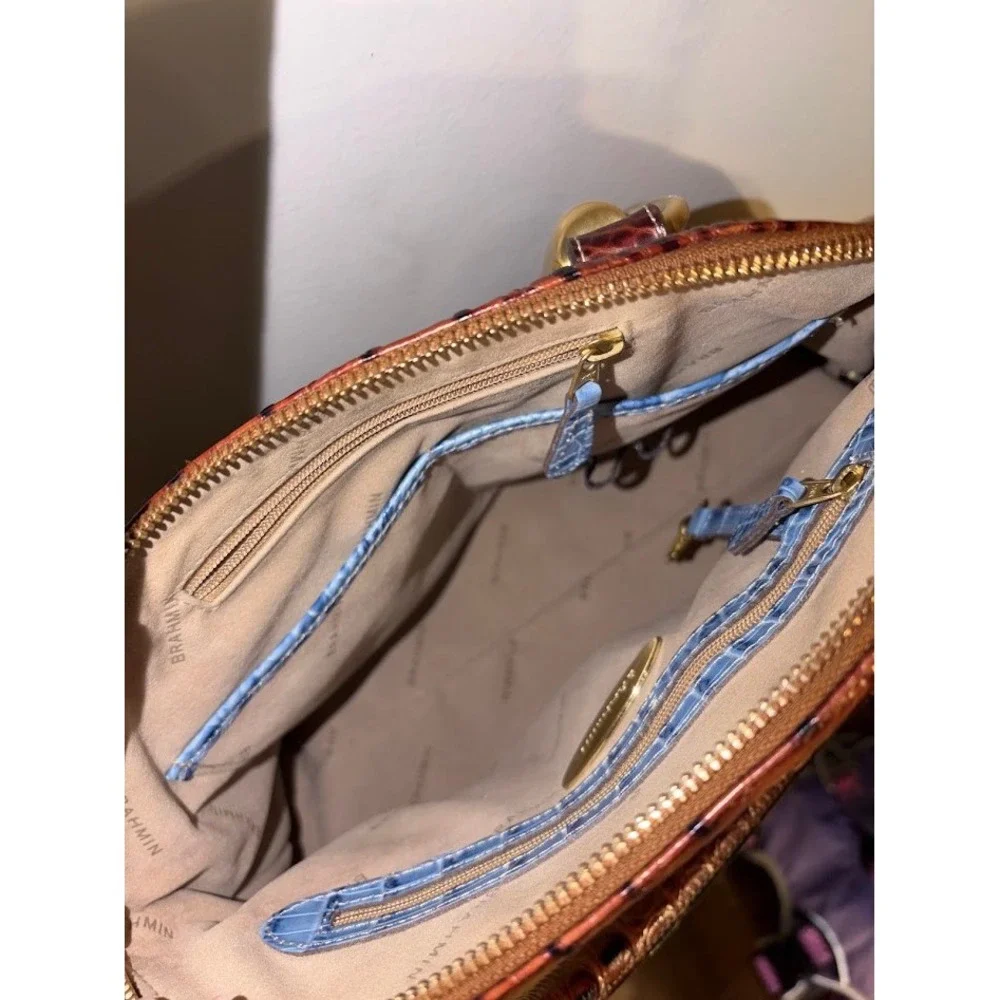 Brahmin Tri-Color Croc Embossed Leather Satchel Crossbody Bag Cream Brown Blue